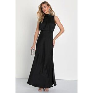 Lulus Classic Elegance Black Satin Sleeveless Mock Neck Maxi Dress - Size XL